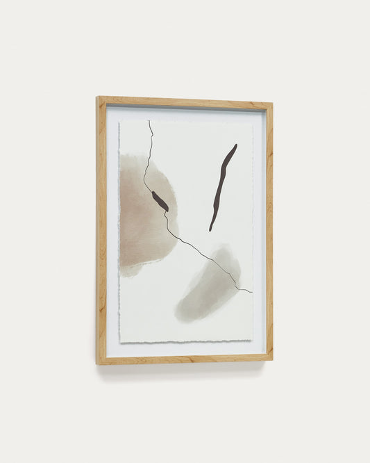 Torroella abstract painting in white, brown, and grey with a black stripe, 50 x 70 cm