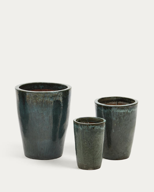 Rotja set of 3 terracotta planters with glazed green finish Ø 26 / 35 / 47 cm