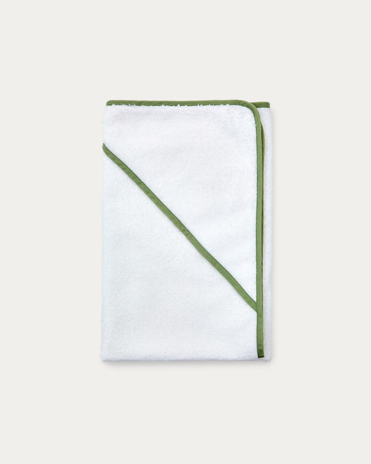 White cotton Nuni hooded towel with a green trim