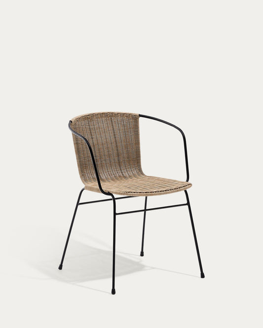 Eltiera stackable chair in synthetic rattan with black steel frame and armrests
