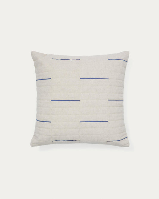 Blaina cushion cover in white linen with a blue embroidery feature, 45 x 45 cm