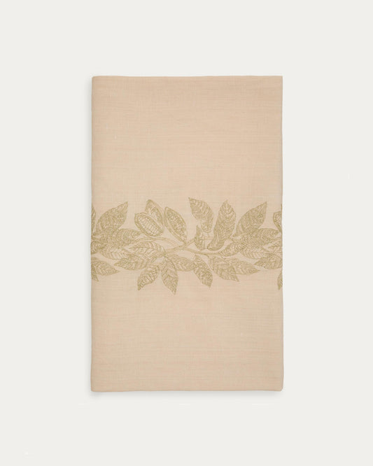 Oreti tablecloth in beige cotton and linen and cocoa embroidery feature, 150x250cm