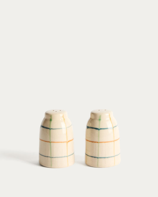 Belor set of ceramic salt and pepper shakers with multicoloured lines