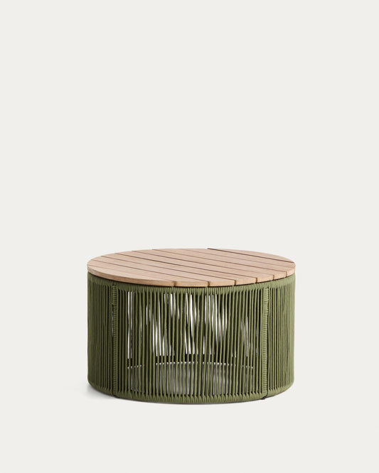 Dandara coffee table in steel, green rope cord and solid acacia wood Ø60cm FSC 100%