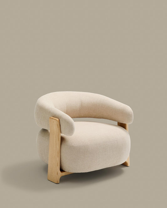 Granite beige chenille armchair with solid ash wood legs in a natural tone finish FSC 100%