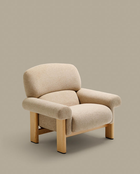 Nema armchair in beige chenille with solid ash wood legs in a natural finish FSC 100%