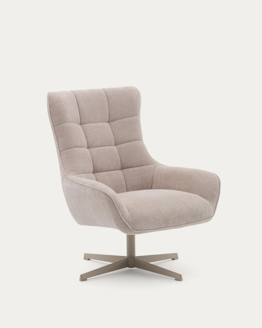 Teryl swivel beige chenille armchair with grey-finished metal, FSC 100%