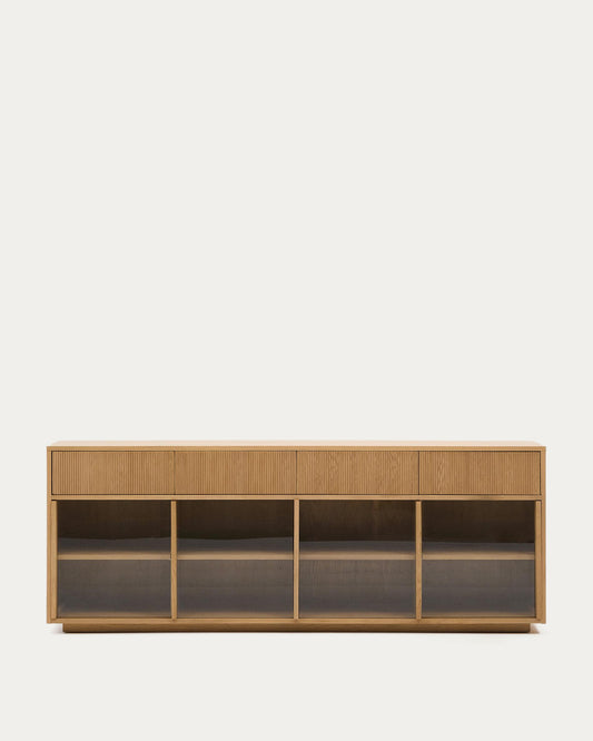 Helvine sideboard 4 doors and 4 drawers oak veneer and tempered glass, 200 x 80cm FSC 100%