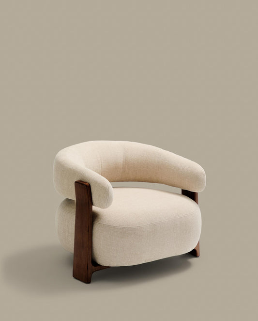 Granite beige chenille armchair with solid ash wood legs in a walnut finish FSC 100%