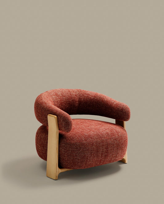 Granite terracotta chenille armchair with solid ash wood legs in a natural tone finish FSC 100%
