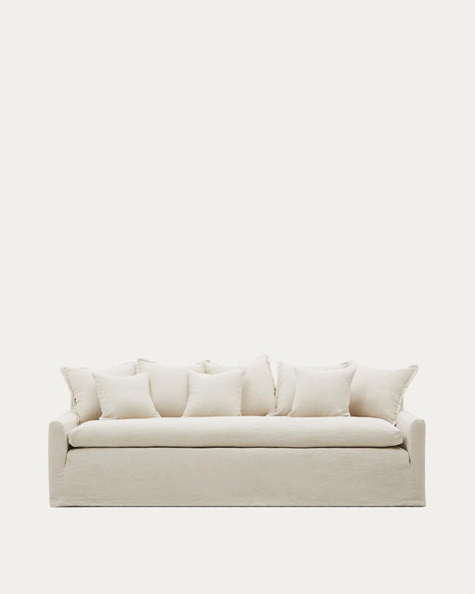 Zenira 3-seater sofa with removable cover and cushions in beige cotton and linen 230cm