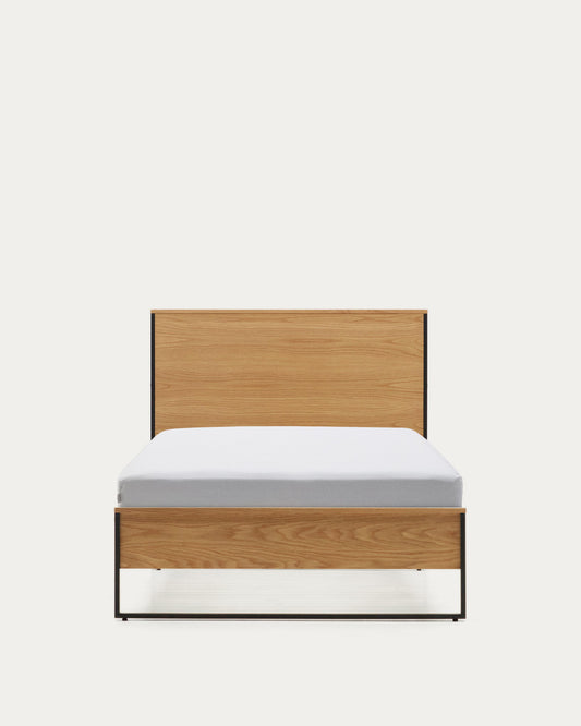 Taiana oak wood veneer bed with steel legs in a black finish, 90 x 190 cm