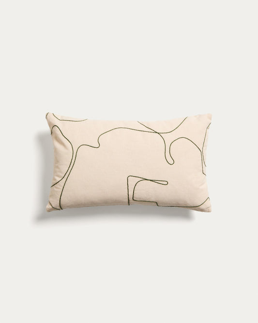 Dibel ecru cotton cushion cover with green embroidery detail 30 x 50cm