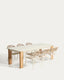 Livorno ecru aluminium extendable table set with wood-effect legs and 6 Alimia chairs in ecru aluminium and beige synthetic rope cord 233 (350)x100cm