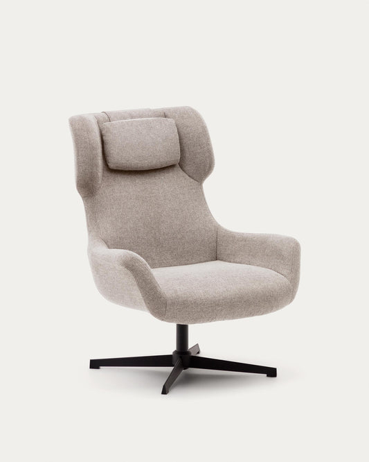 Zalina swivel armchair in beige chenille and steel with black finish FSC 100%