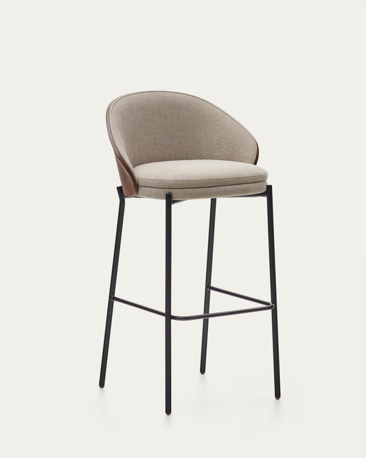 Eamy stool light brown chenille and ash wood veneer with a walnut finish and black metal 77 cm