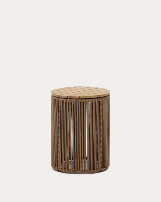 Dandara side table made of steel, beige cord and solid acacia wood, Ø40 cm FSC 100%
