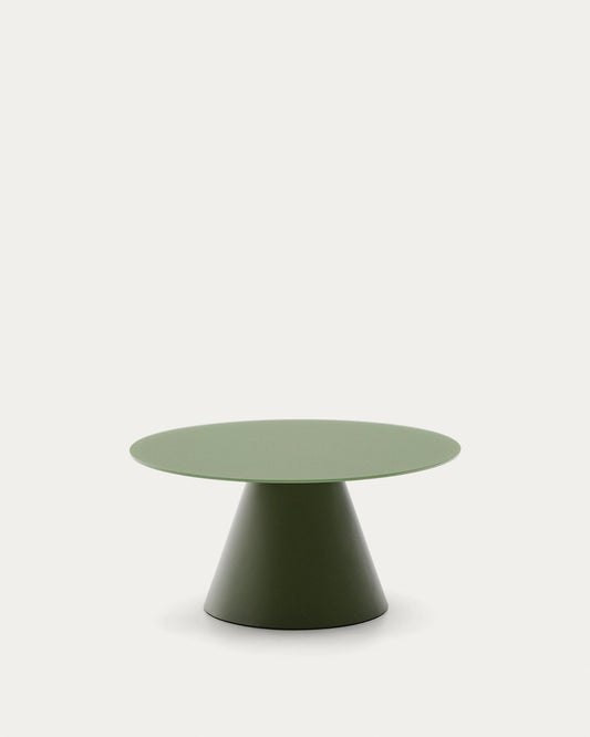 Wilshire coffee table with frosted tempered glass and matt green painted steel finish Ø80cm