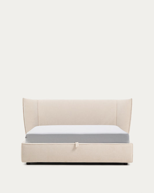 Arvian beige chenille removable-cover bed with ottoman base for a 160 x 200 cm mattress