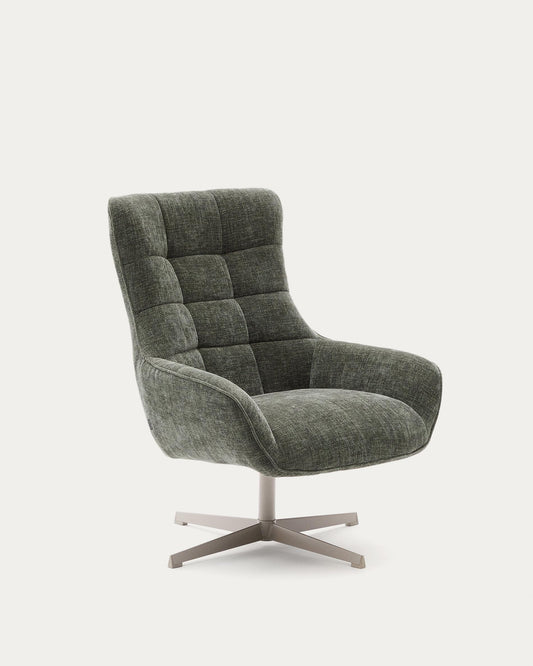 Teryl swivel green chenille armchair with grey-finished metal, FSC 100%