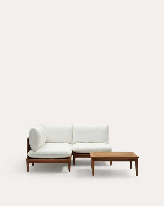 Portitxol set of 1 corner armchair, 2 modular armchairs and coffee table in solid teak