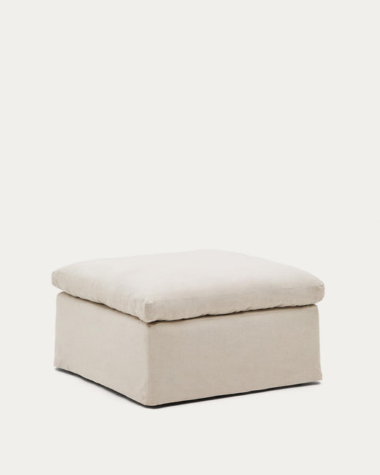 Zenira beige cotton and linen footrest with removable cover and cushion 90 x 90cm
