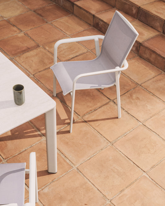Canea stackable outdoor chair in beige texteline and ecru aluminium