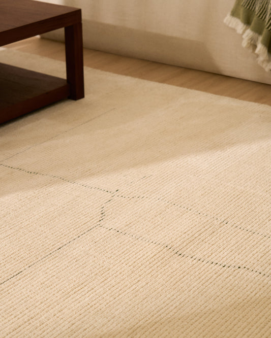 Lisdan ecru synthetic fibre rug with green graphic detail 200 x 300cm