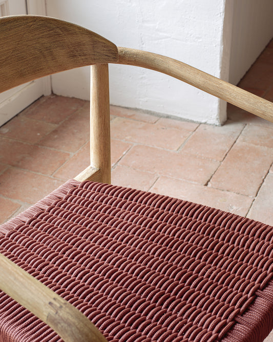 Nina stackable chair in FSC 100% solid acacia wood and terracotta rope seat