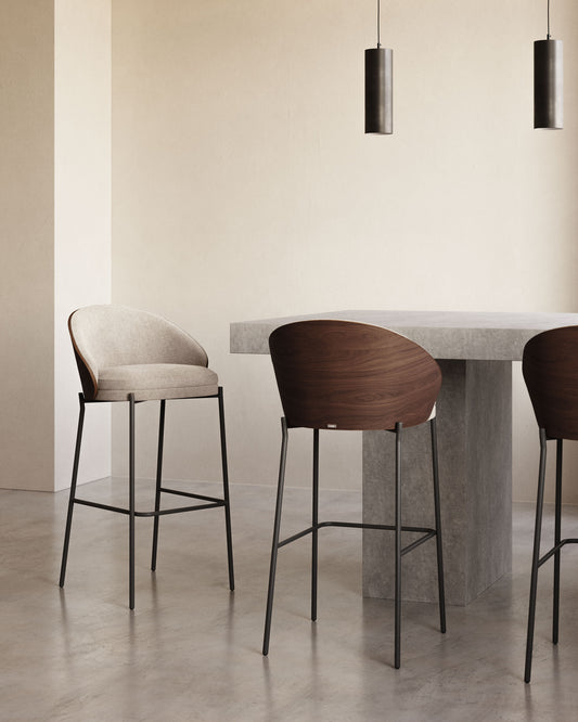 Eamy stool light brown chenille and ash wood veneer with a walnut finish and black metal 77 cm
