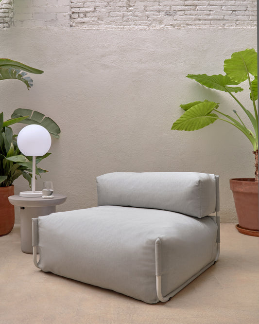 Square modular 100% outdoor sofa pouffe w/ backrest, light grey, white aluminium 101x101cm