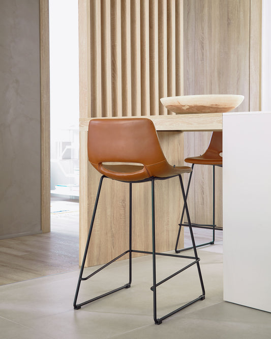 Brown polyurethane Zahara barstool with steel and black finish height 76 cm FSC 100%