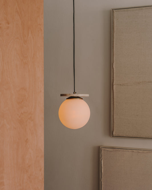 Malachi ceiling lamp with glazed glass and travertine stone