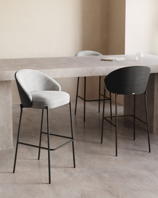 Eamy stool light grey chenille and ash wood veneer with a black finish and black metal, 65 cm