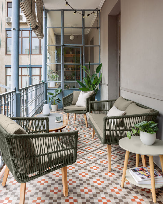 Inti 2 seater sofa with 2 green cord armchairs, FSC 100%