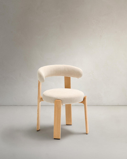 Granite chair in beige chenille and with solid ash wood in a natural tone finish FSC 100%