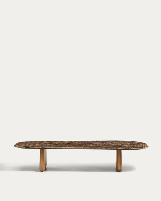 Pirita coffee table in brown marble with solid oak wood legs with a natural-coloured finish 147 x 65cm FSC 100%