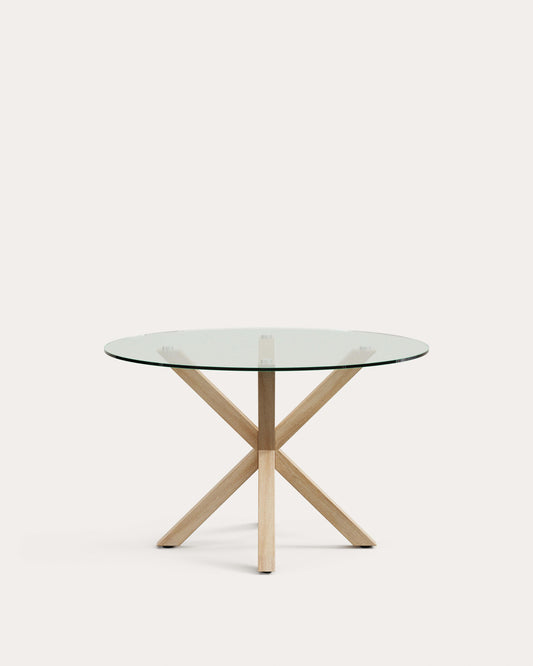 Argo round glass table with steel legs with wood-effect finish Ø 119 cm