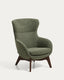 Adiran armchair in moss green thick chenille with solid oak wood legs with a walnut finish