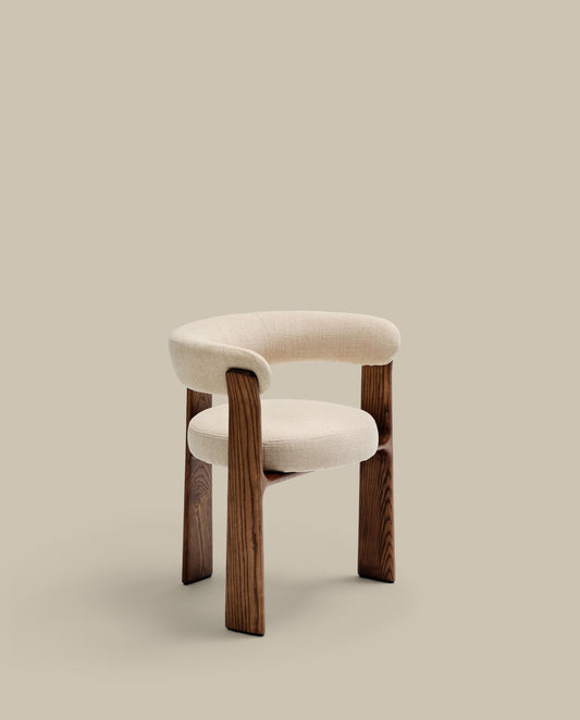 Granite 3-legged chair in beige chenille and with solid ash wood in a walnut finish FSC 100%