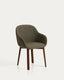 Meila chair with armrests in green chenille with legs in solid ash wood with walnut finish