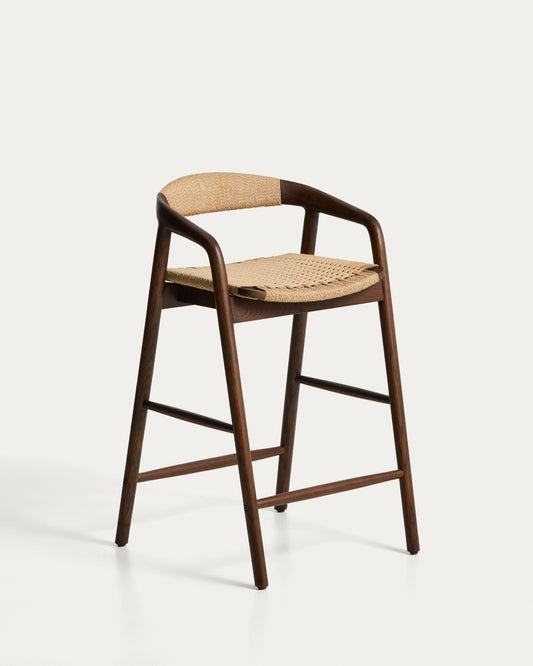 Derile stool in solid oak wood with walnut finish and beige paper rope cord FSC 100% 65 cm