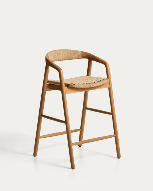 Derile stool in solid oak wood with natural-tone finish and beige paper rope cord FSC 100% 65 cm