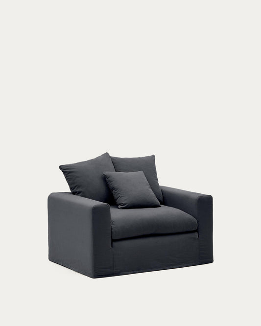 Nora armchair with removable cover with linen and cotton cushion in anthracite grey 140cm