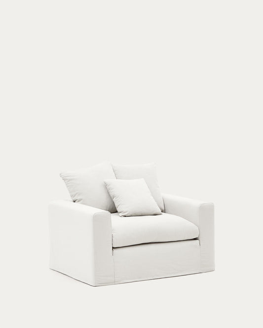 Nora armchair with removable cover with linen and cotton cushion in ecru 140cm