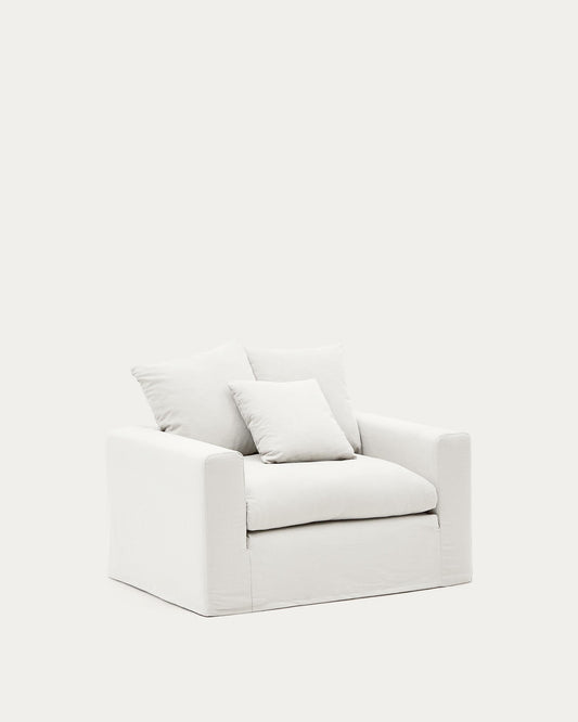 Nora armchair with removable cover with linen and cotton cushion in ecru 140cm