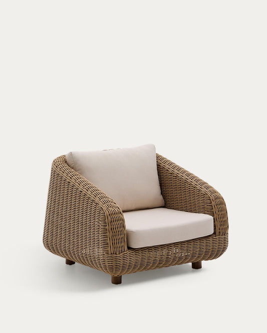Meria armchair in synthetic rattan with FSC 100% solid acacia wood legs