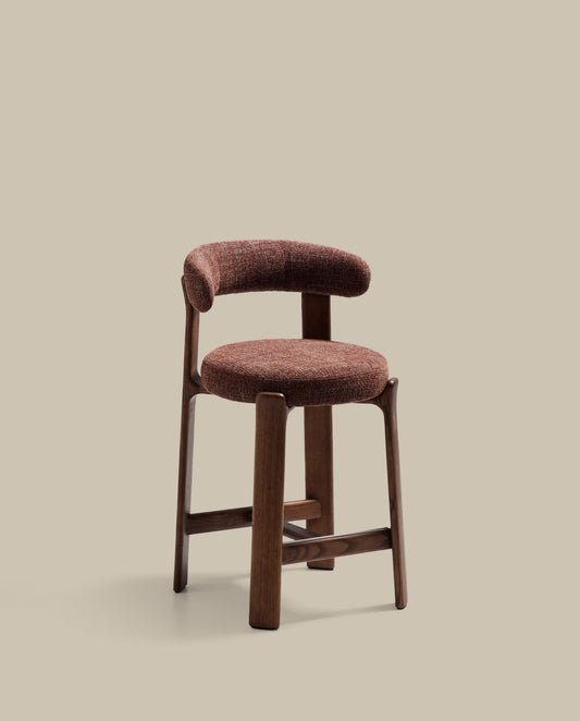 Granite stool in brown chenille and solid ash wood with walnut-coloured finish FSC 100% 65cm