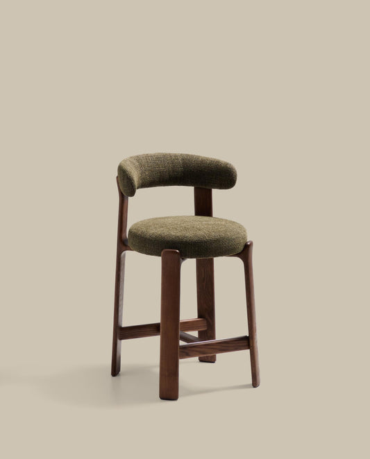 Granite stool in green chenille and solid ash wood with walnut-coloured finish FSC 100% 65cm