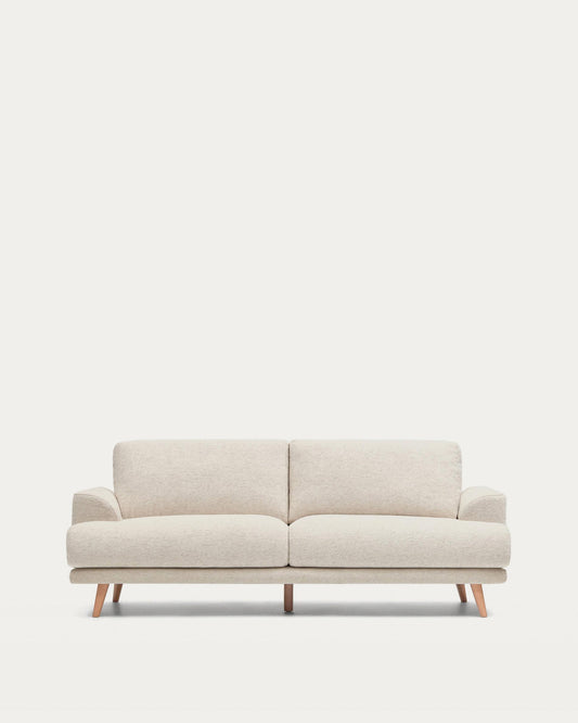 Karin 2-seater sofa in beige chenille with solid beech wood legs in natural colour finish 211 cm